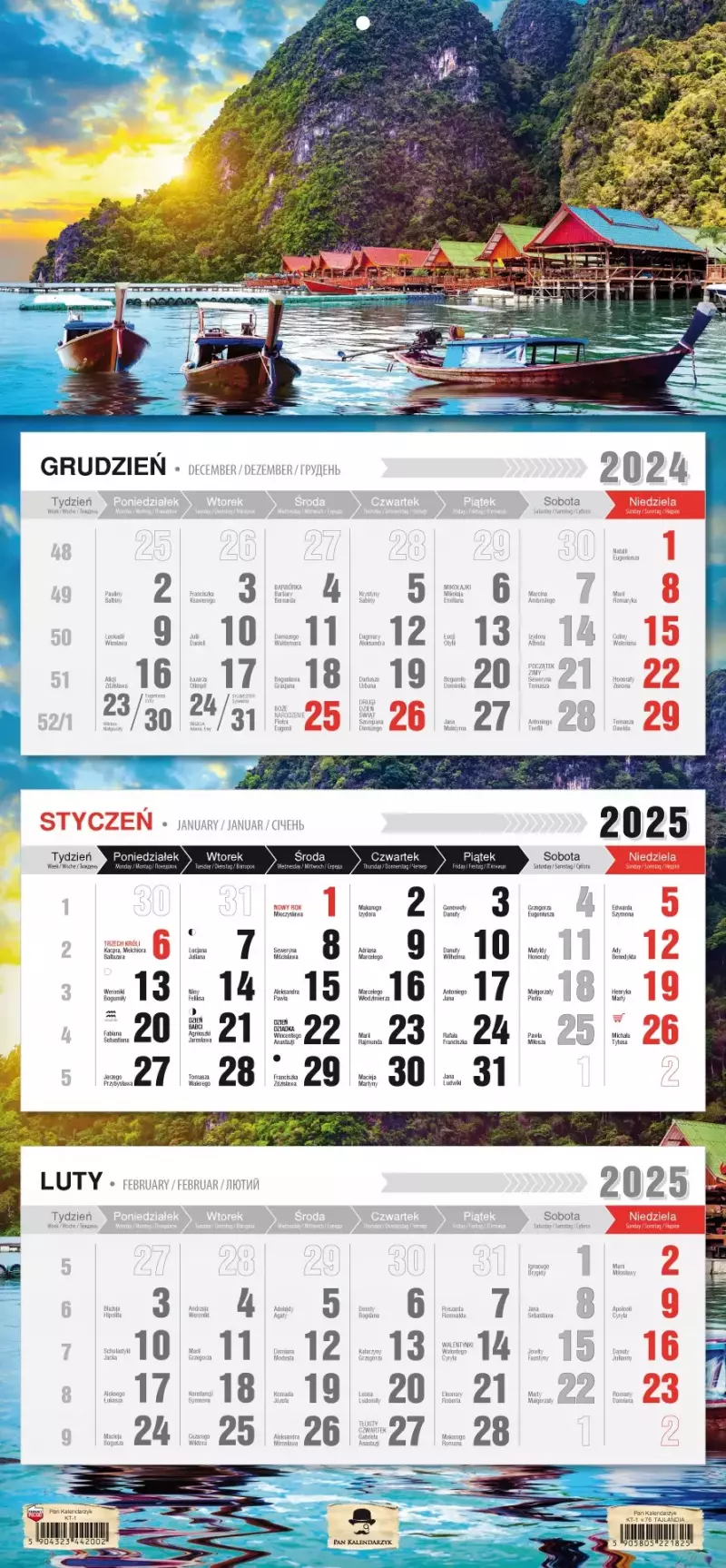 Kalendarz ścienny TRÓJDZIELNY 2025 TAJLANDIA