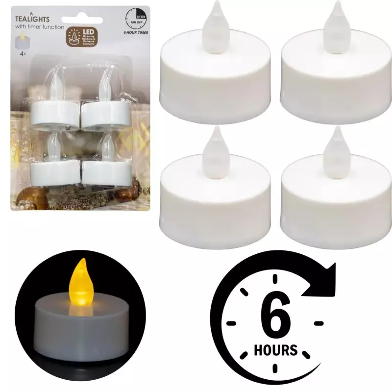 Zestaw 4 Świeczek Tea Light LED Timer Biały Zestaw 4 Świeczek Tea Light LED Timer Biały