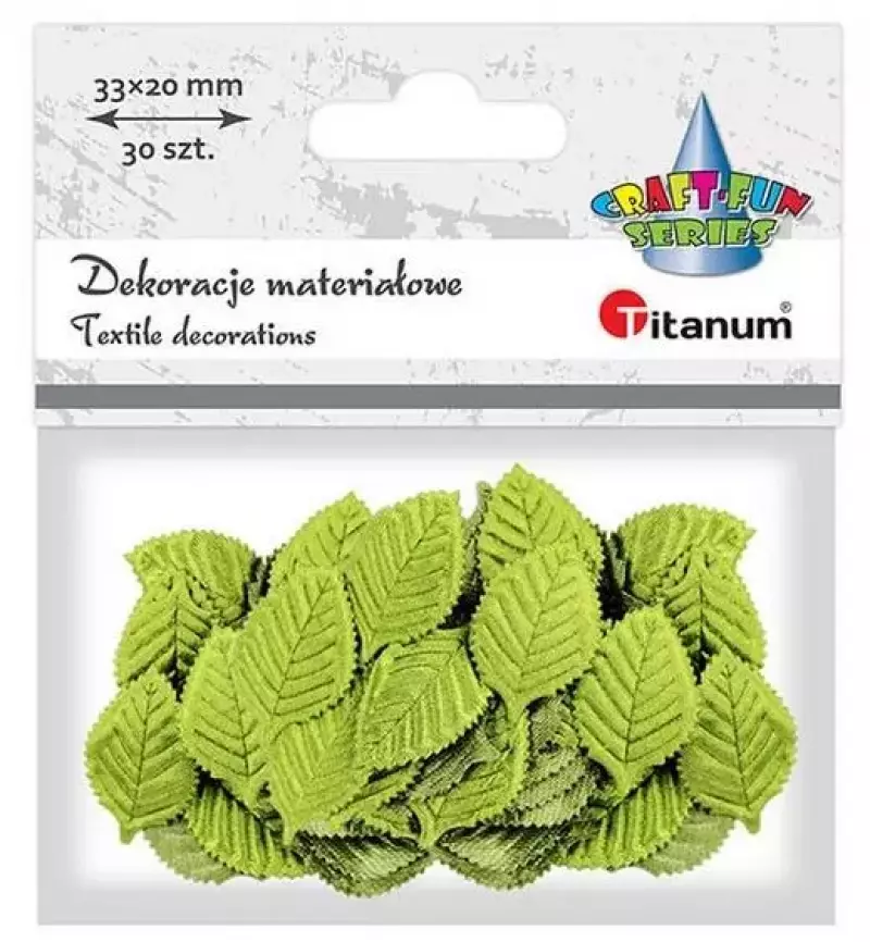 Ozdoba materiałowa liście 20x33mm jasnoziel. 30szt