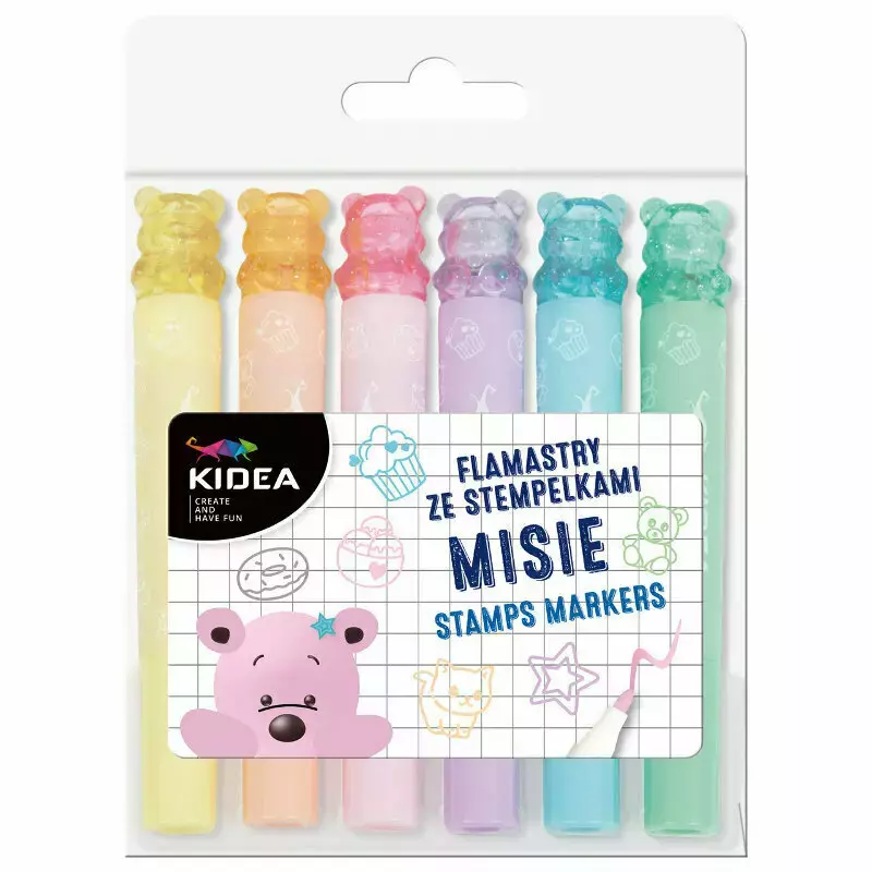 Flamastry dwustronne ze stempelkami Misie Kidea 6 kolorów Flamastry dwustronne ze stempelkami Misie Kidea 6 kolorów