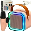 Zestaw do karaoke głośnik Bluetooth 2 mikrofony USB LED 6W różowy - zdjęcie