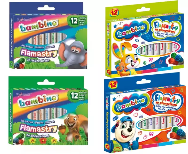 Flamastry Bambino ze stempelkami, 12 kolorów, mix wzorów