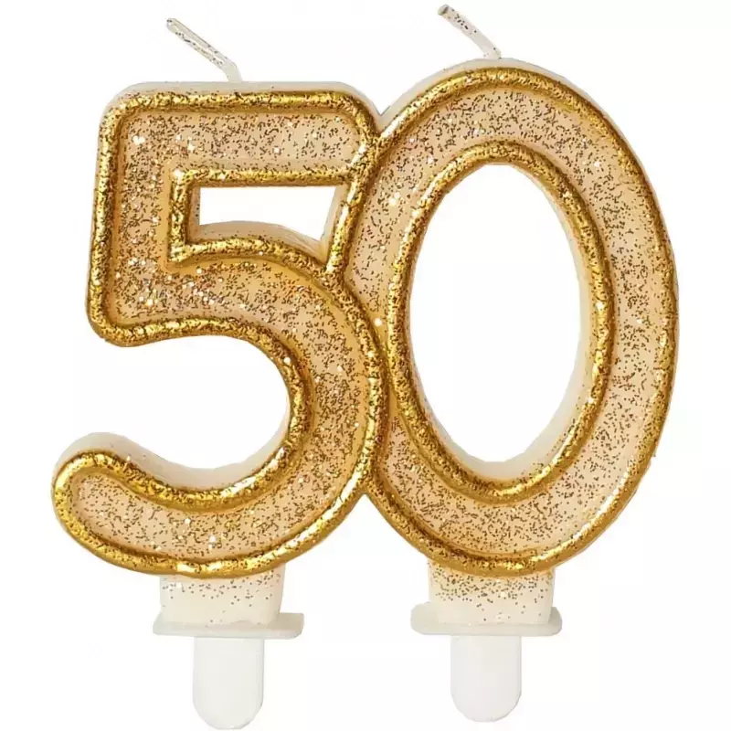 Świeczka urodzinowa, cyfra 50 - złota brokatowa, 7 cm