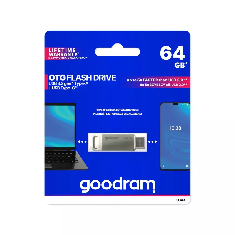 Pendrive Goodram USB + USB C 64GB srebrny Pendrive Goodram USB + USB C 64GB srebrny