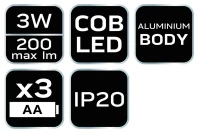Latarka bateryjna 3 x AA 200 lm COB LED, zdjęcie 2