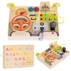 Drewniana tablica manipulacyjna LED sensoryczna dla dzieci panel edukacyjny auto kierownica 14 elementów - zdjęcie
