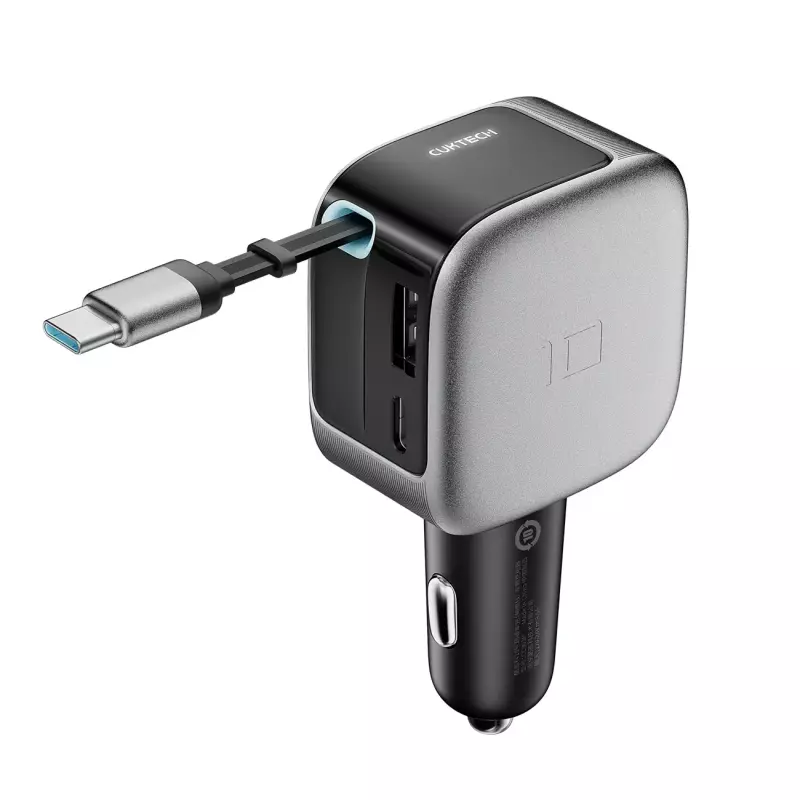 Ładowarka samochodowa Cuktech CC903P 100 W z wyświetlaczem i zwijanym kablem USB-C 70 cm - szara Ładowarka samochodowa Cuktech CC903P 100 W z wyświetlaczem i zwijanym kablem USB-C 70 cm - szara