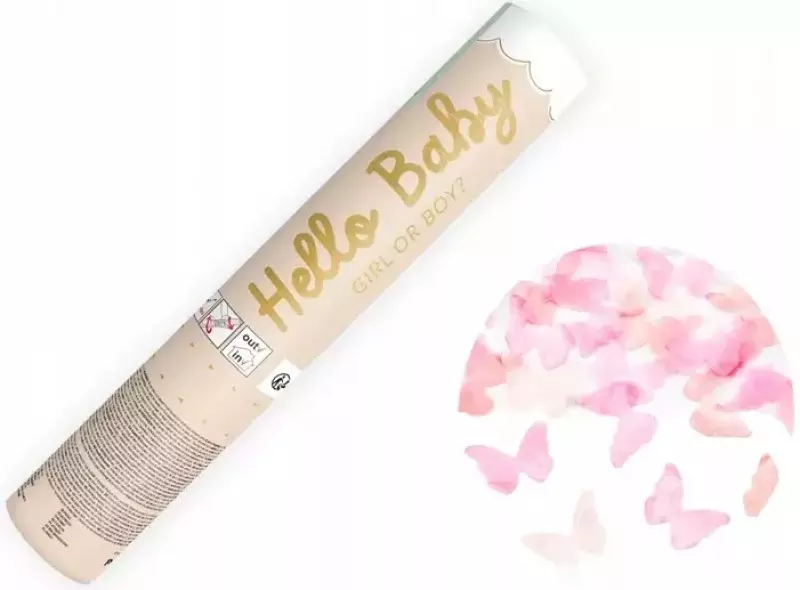 Tuba Strzelająca Armatka Konfetti GIRL Różowe Motylki Baby Shower 20cm