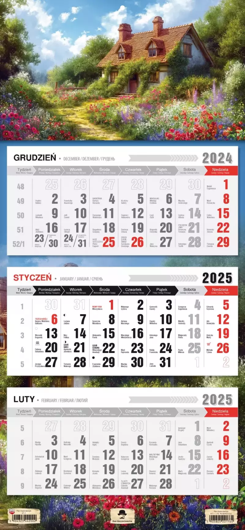 Kalendarz ścienny TRÓJDZIELNY 2025 ROMANTICO
