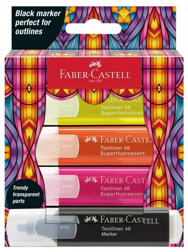 FABER-CASTELL Zakreślacz neonowy mazak marker pisak 46 Glassy 4 kol +czarny