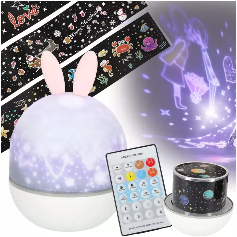 Lampka nocna projektor gwiazd LED USB obrotowy 6 motywów pilot królik Lampka nocna projektor gwiazd LED USB obrotowy 6 motywów pilot królik
