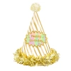Czapeczka urodzinowa z pomponem Happy Birthday w paski biało-złota 1 szt. - zdjęcie