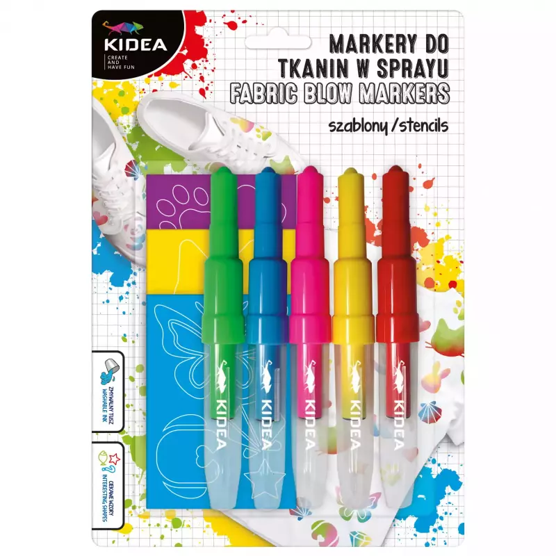 Markery do tkanin w sprayu z szablonami zwierzaki 5 kolorów Markery do tkanin w sprayu z szablonami zwierzaki 5 kolorów