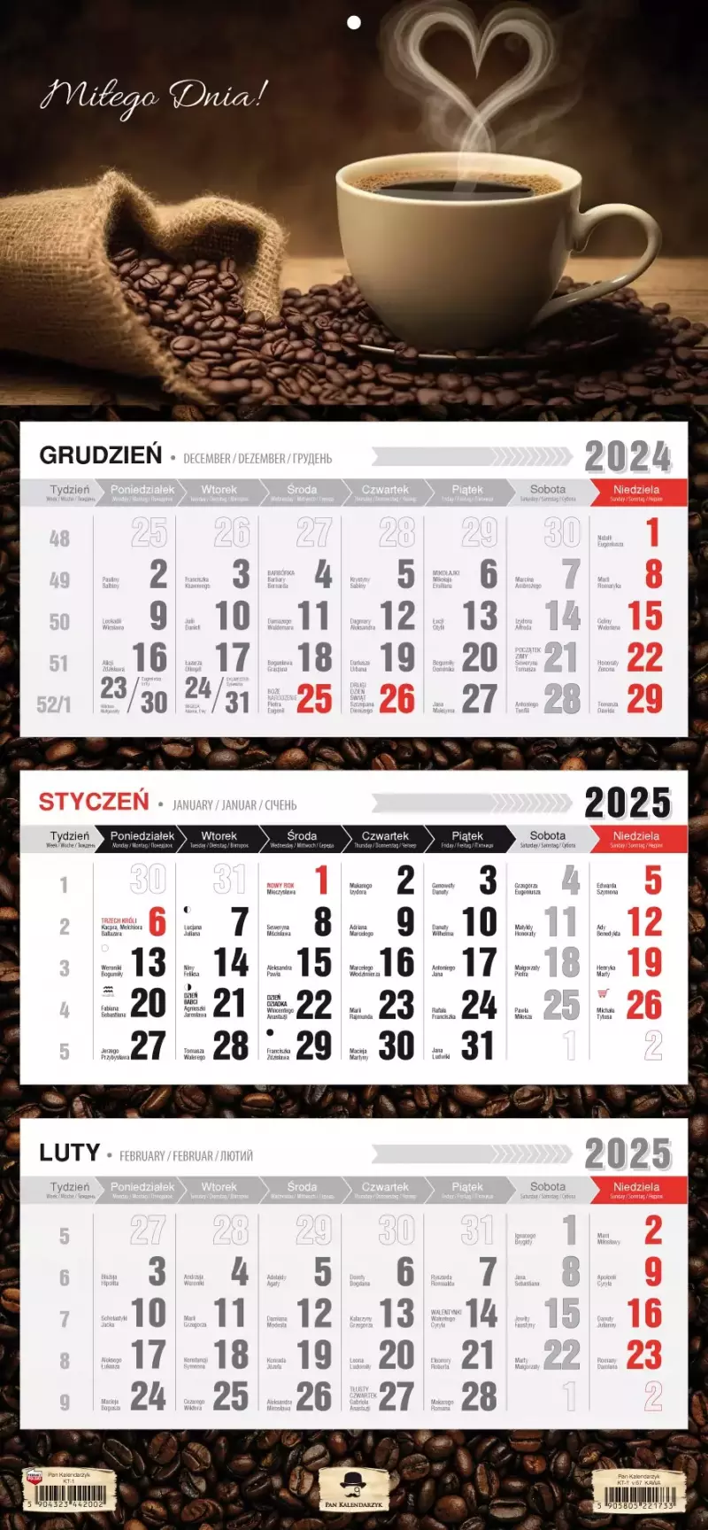 Kalendarz ścienny TRÓJDZIELNY 2025 KAWA