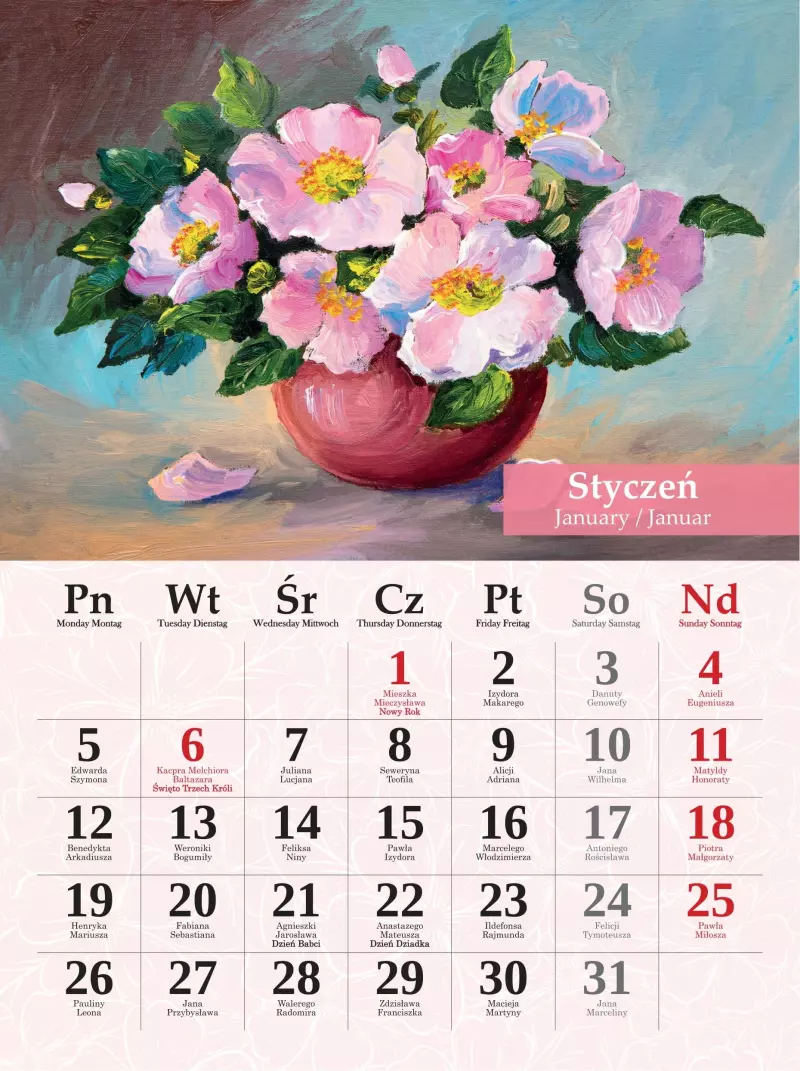 Kalendarz ścienny 2026 Bukiety Malowane 23x31cm kwiaty imieniny Kalendarz ścienny 2026 Bukiety Malowane 23x31cm kwiaty imieniny