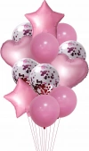 BALONY ZESTAW GWIAZDA SERCE KONFETTI RÓŻOWE 30/46CM 12 SZTUK - zdjęcie