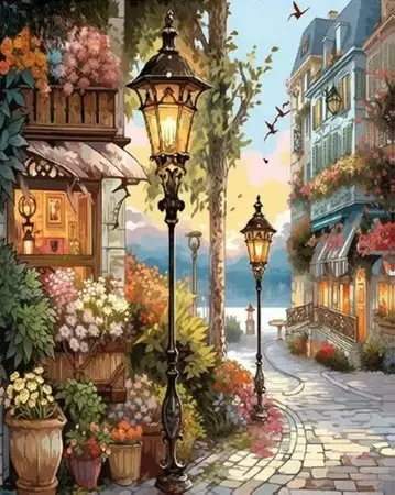 Diamentowa mozaika Kwiecista ulica z latarniami 30x40cm 2001354 - Zabawki