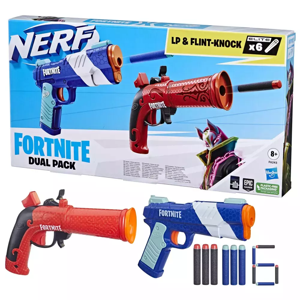 Nerf. Dwie wyrzutnie Fortnite LP i Flint-Knock + strzałki - Zabawki