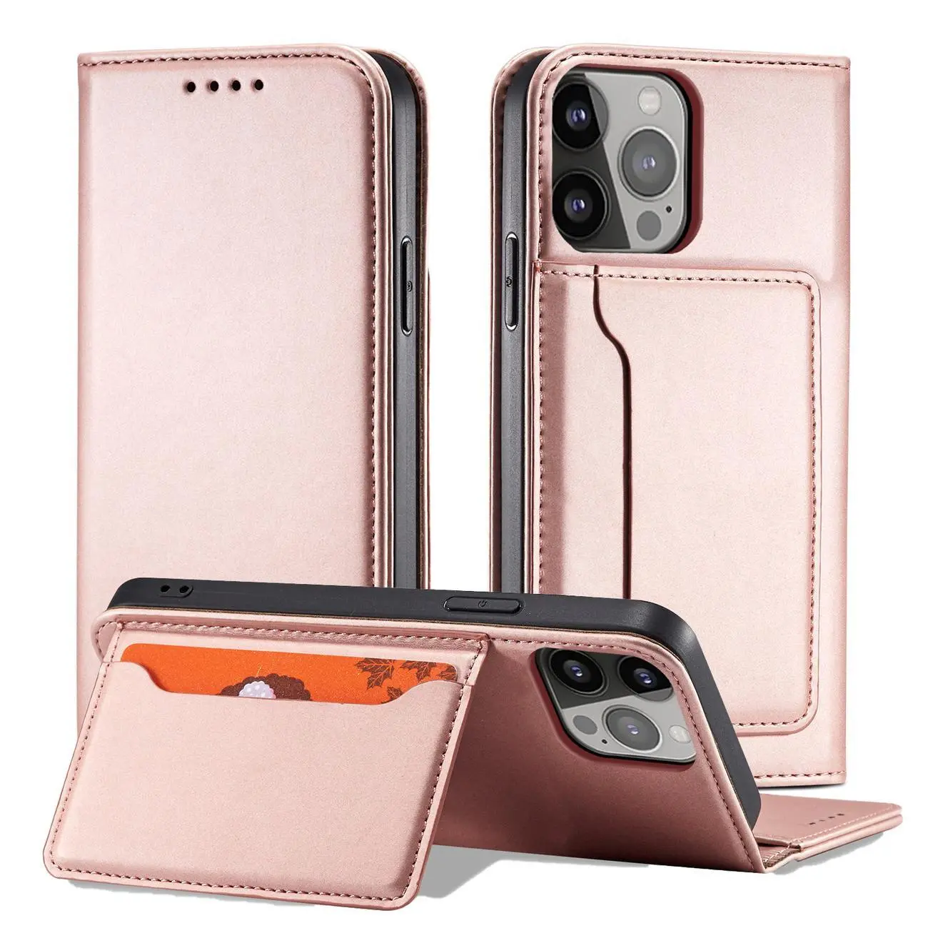 Magnet Card Case etui iPhone 14 Plus pokrowiec z klapką portfel podstawka różowe - Elektronika i akcesoria