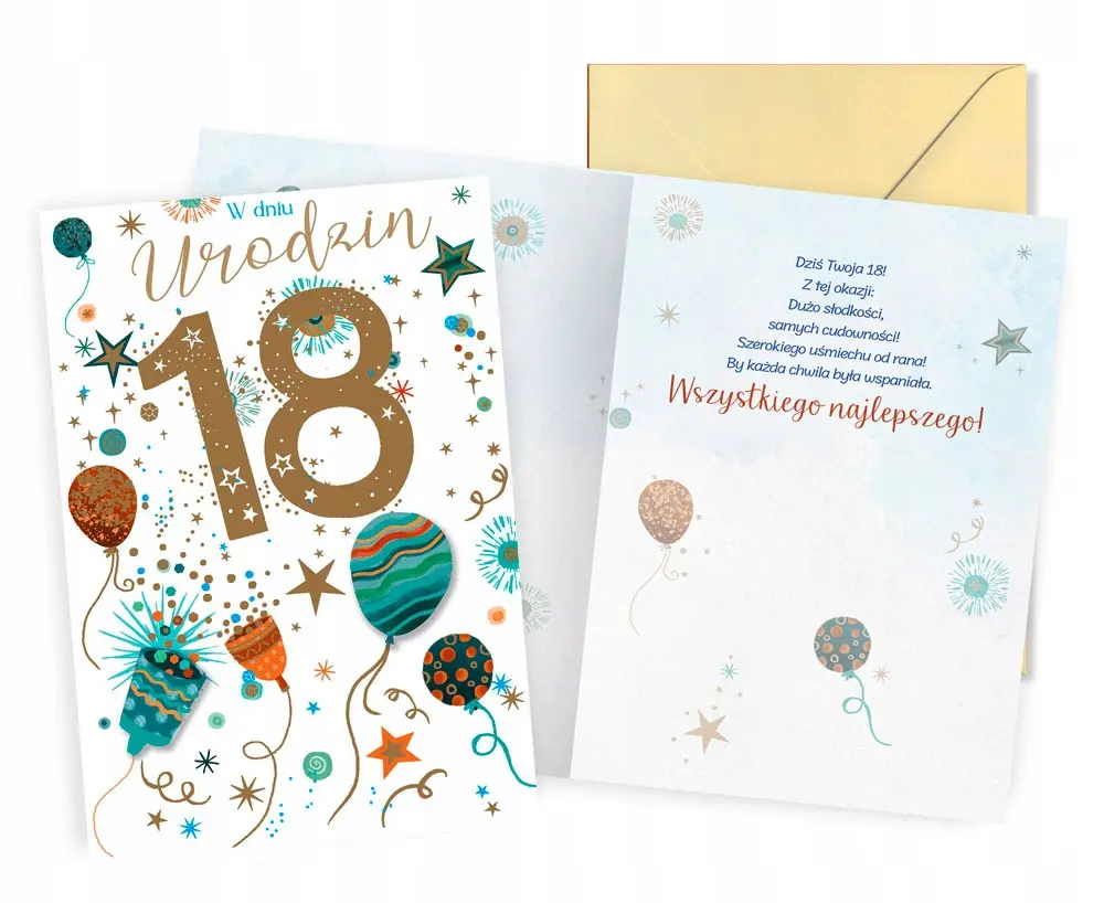 Kartka z życzeniami na 18 urodziny z balonami pocztówka z kopertą - Papiernicze i szkolne