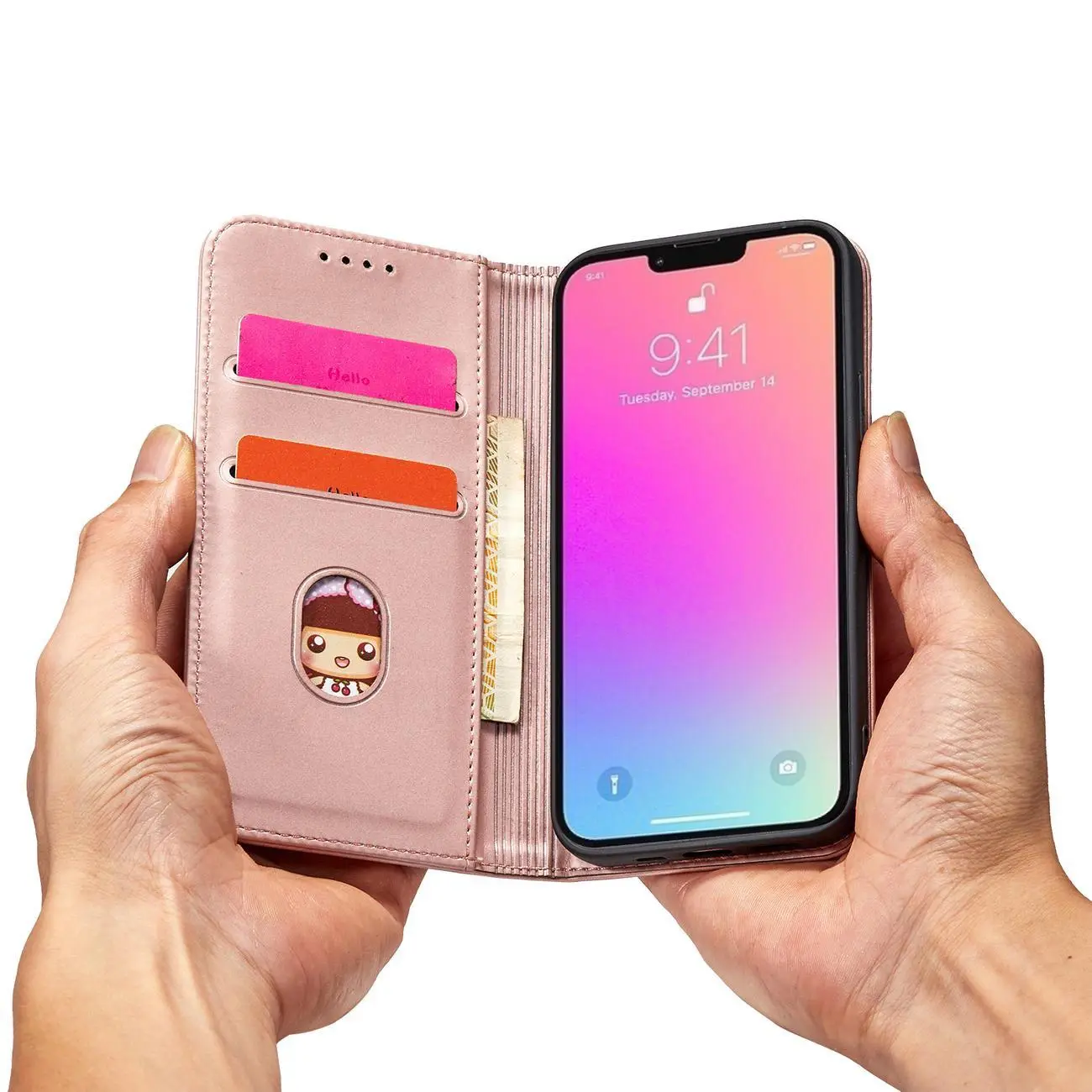 Magnet Card Case etui iPhone 14 Plus pokrowiec z klapką portfel podstawka różowe - Elektronika i akcesoria