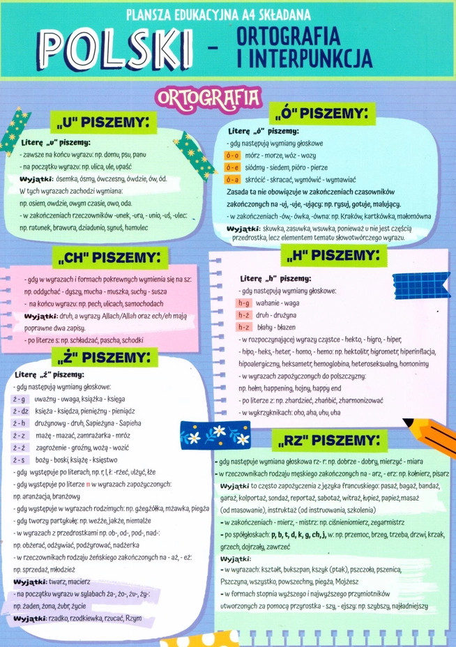 Dwustronna plansza edukacyjna A4. Polski. Ortografia i interpunkcja - Książki