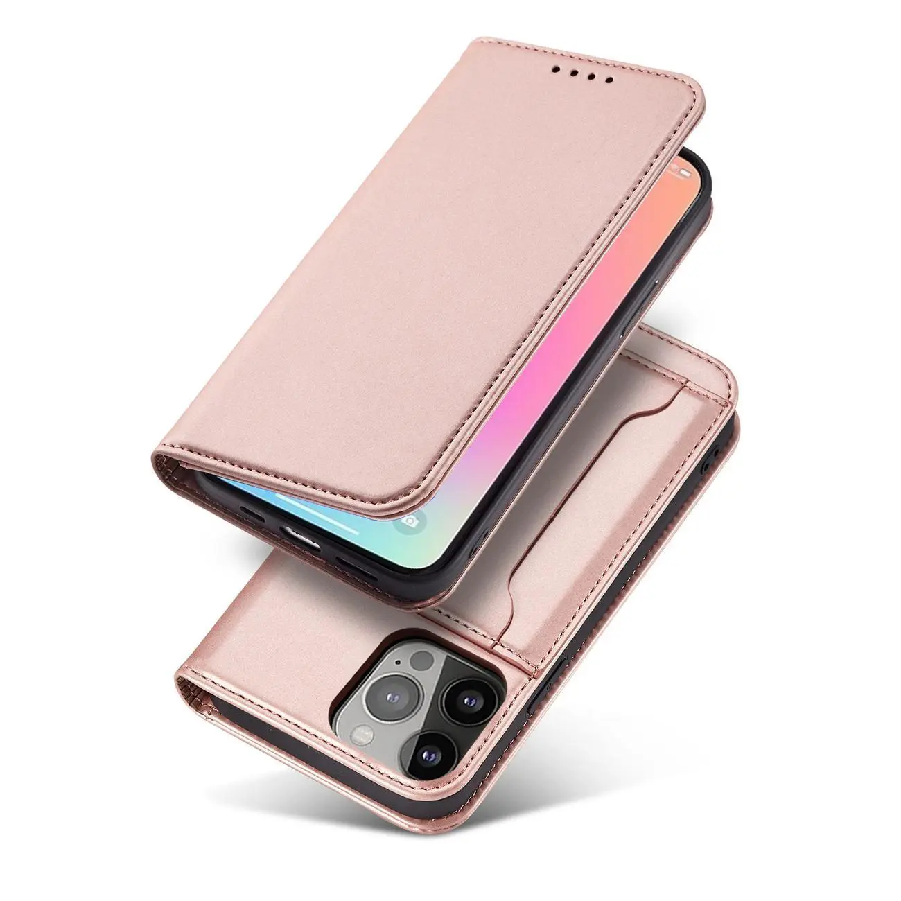 Magnet Card Case etui iPhone 14 Plus pokrowiec z klapką portfel podstawka różowe - Elektronika i akcesoria