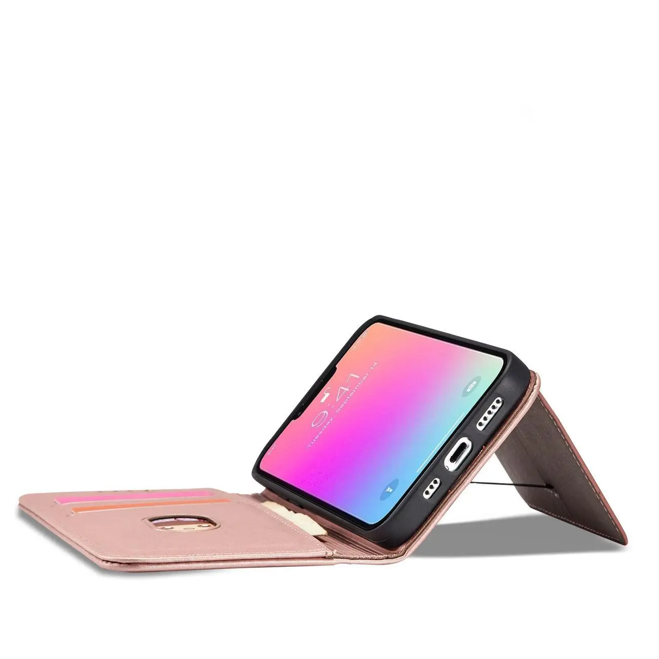 Magnet Card Case etui iPhone 14 Plus pokrowiec z klapką portfel podstawka różowe - Elektronika i akcesoria