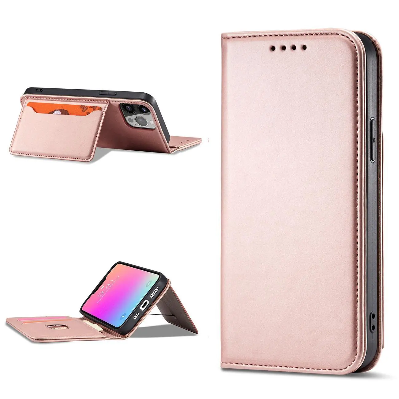 Magnet Card Case etui iPhone 14 Plus pokrowiec z klapką portfel podstawka różowe - Elektronika i akcesoria