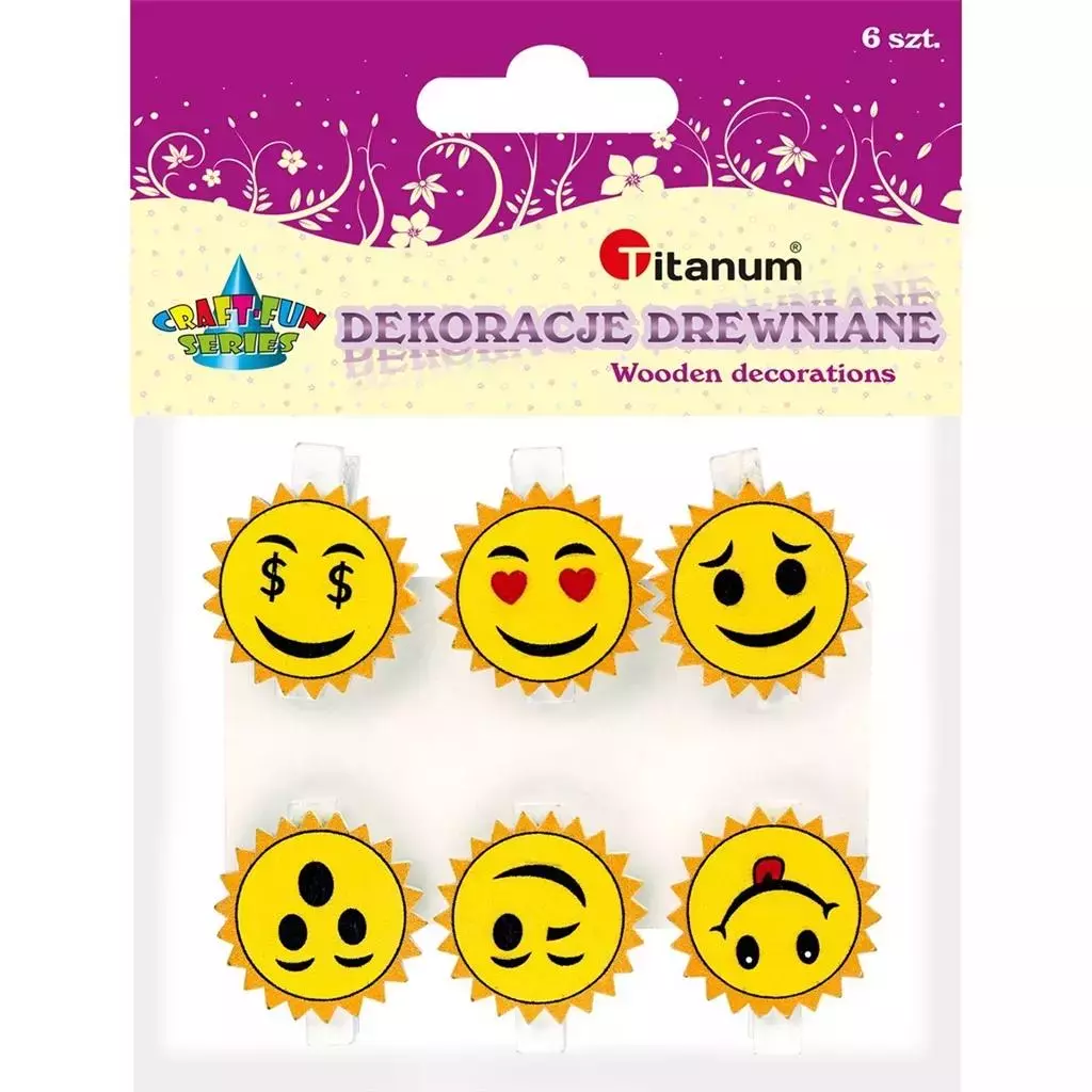 Klamerki drewniane z dekorem emotki  6szt - Papiernicze i szkolne
