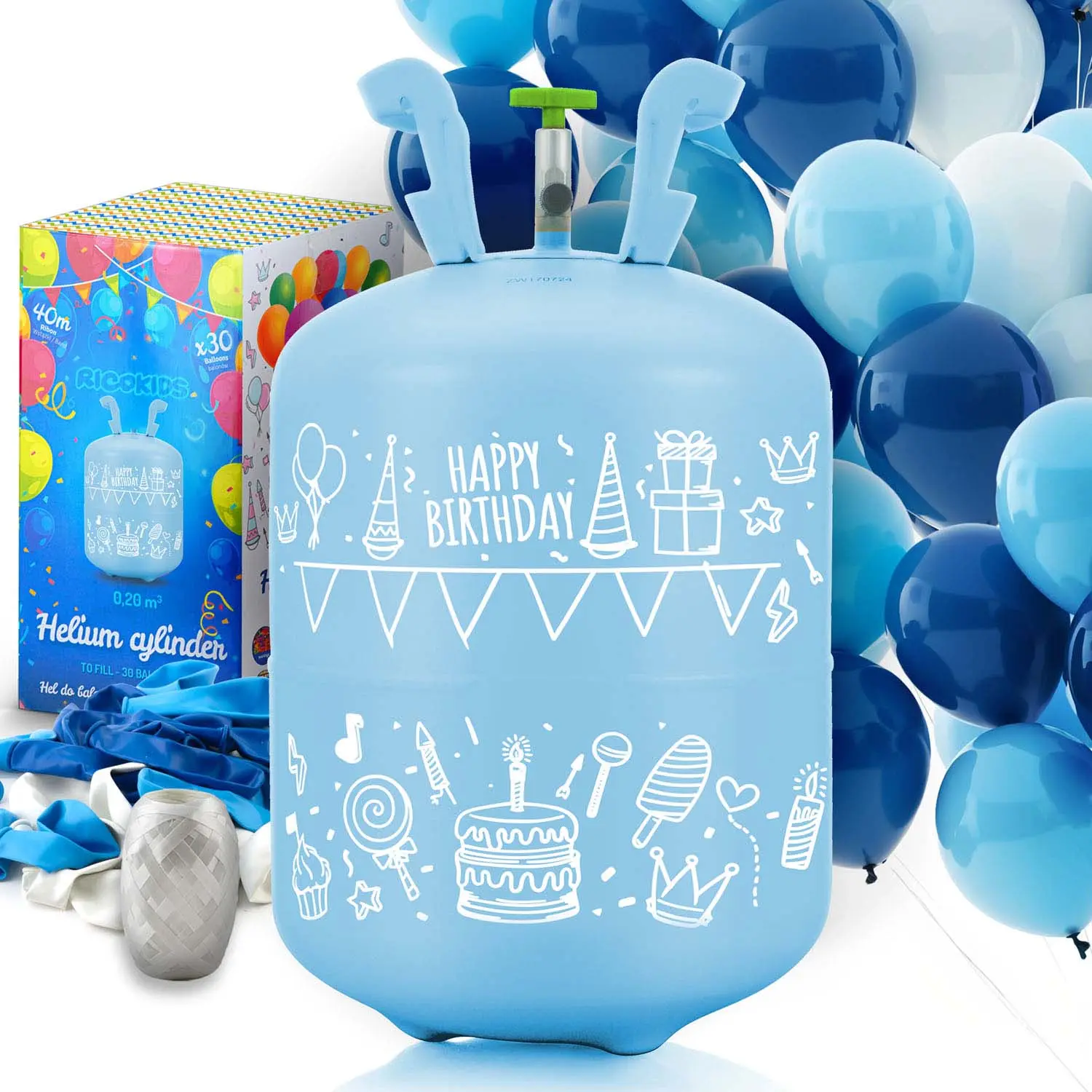 Butla z helem 0,20 m3 z balonami i wstążką Ricokids - Zabawki