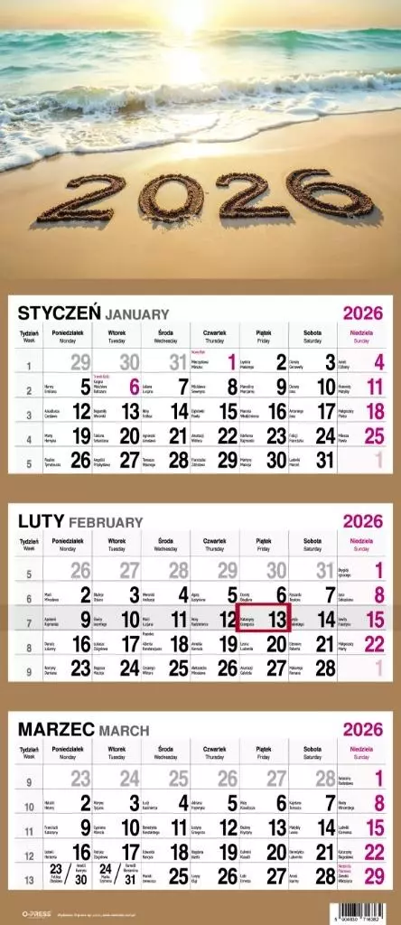 Kalendarz 2026 Trójdzielny Plaża - Książki