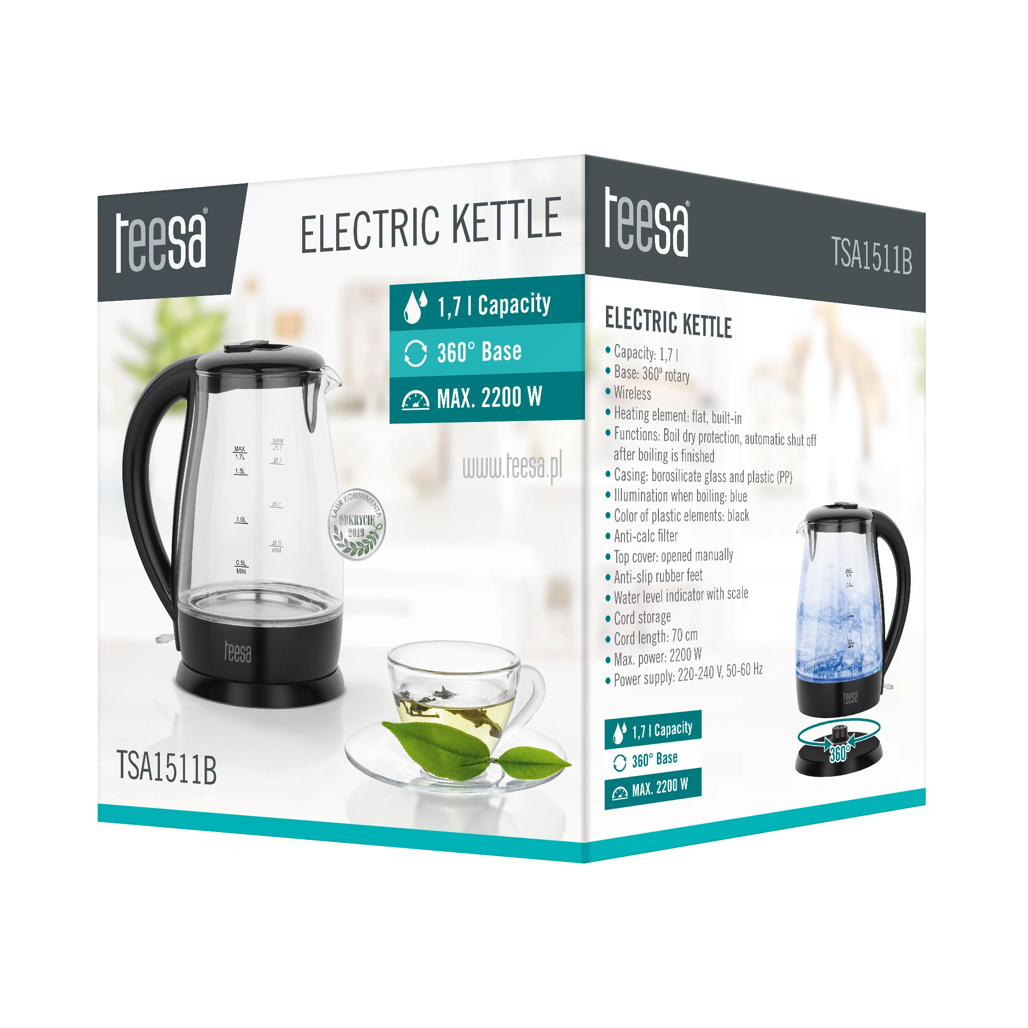 Czajnik elektryczny TEESA, szklany, 2200 W, czarny, 1,7 L - Elektronika i akcesoria