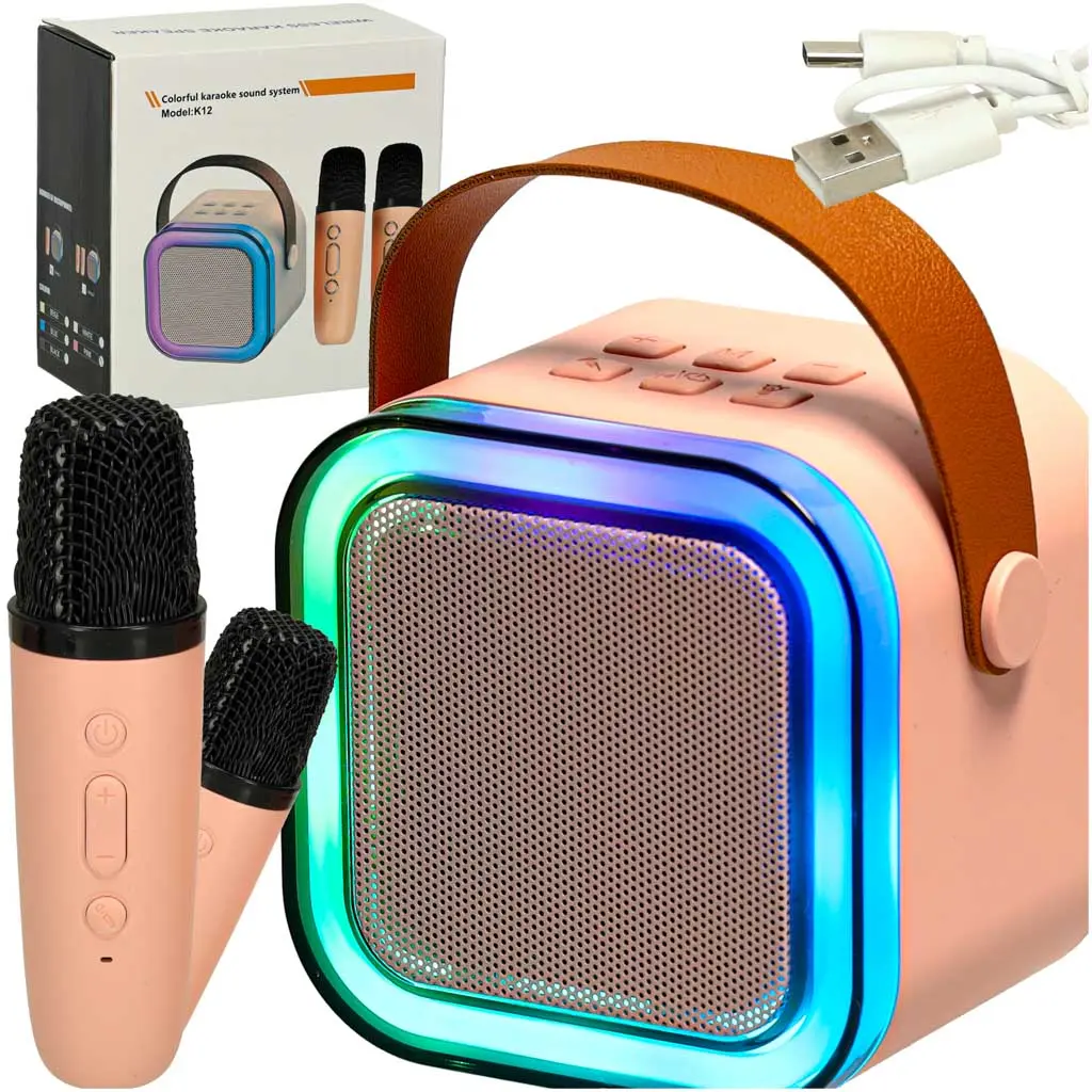 Zestaw do karaoke głośnik Bluetooth 2 mikrofony USB LED 6W różowy - Elektronika i akcesoria