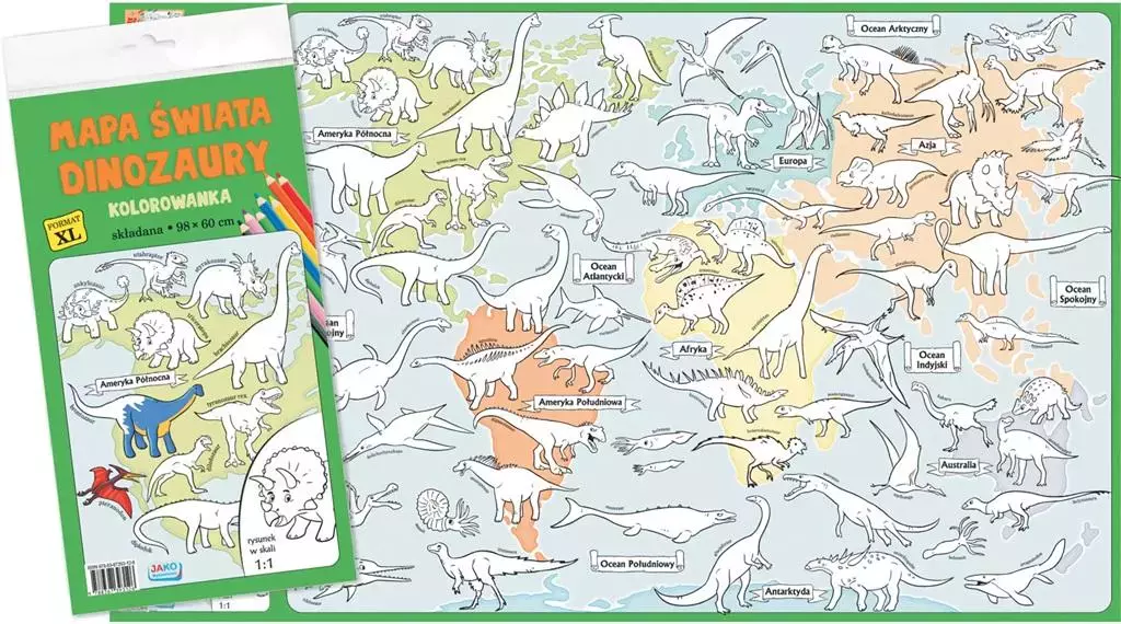 Mapa świata. Dinozaury. Kolorowanka XL - kolor - Książki