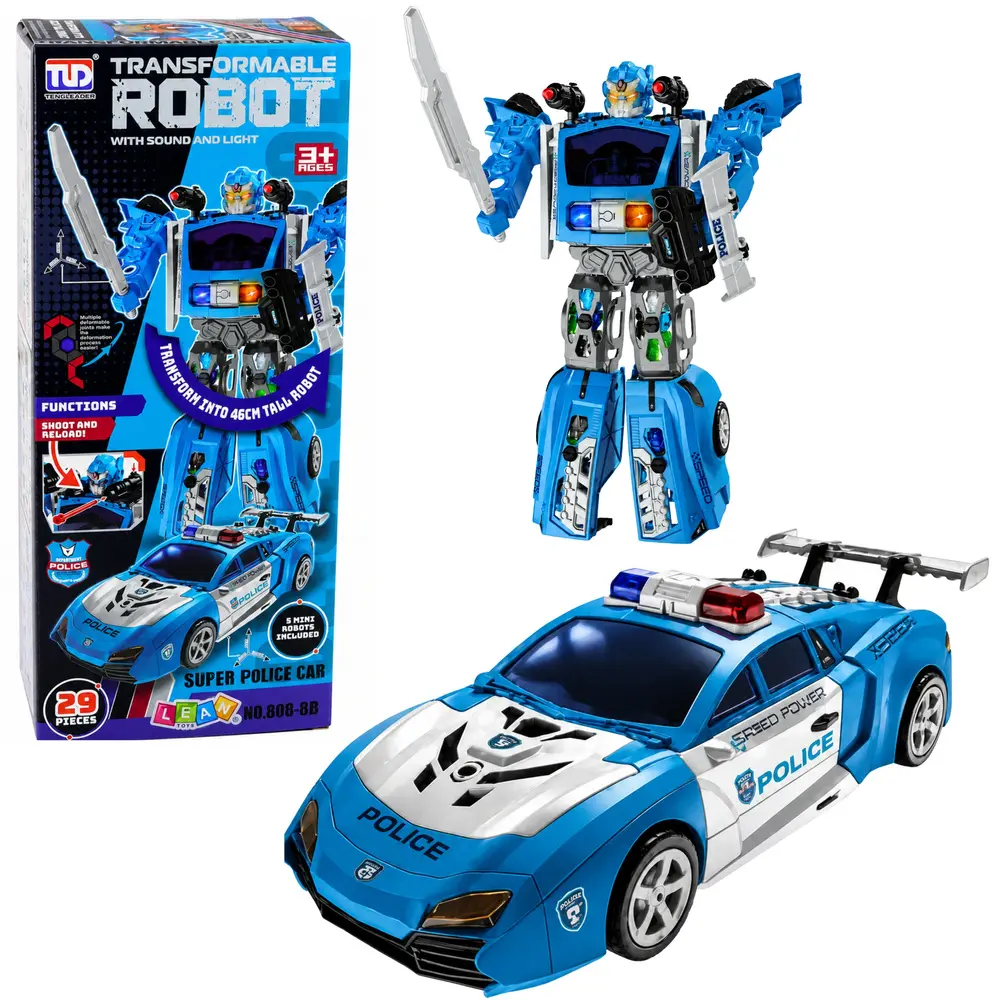 Auto Robot 2w1 Samochód Policyjny Wyrzutnia Małe Roboty Światła Dźwięki - Zabawki