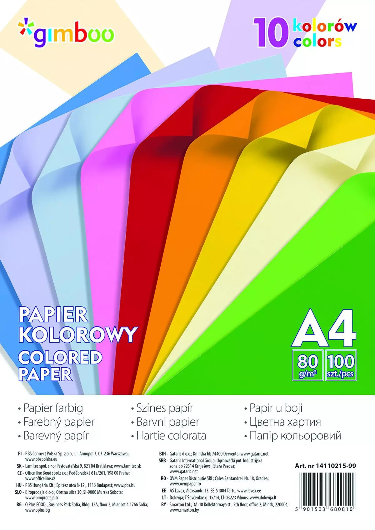 Papier kolorowy A4, 100 arkuszy, 10 kolorów - Papiernicze i szkolne