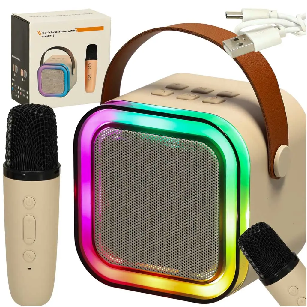 Zestaw do karaoke głośnik Bluetooth mikrofon USB LED beżowy - Elektronika i akcesoria
