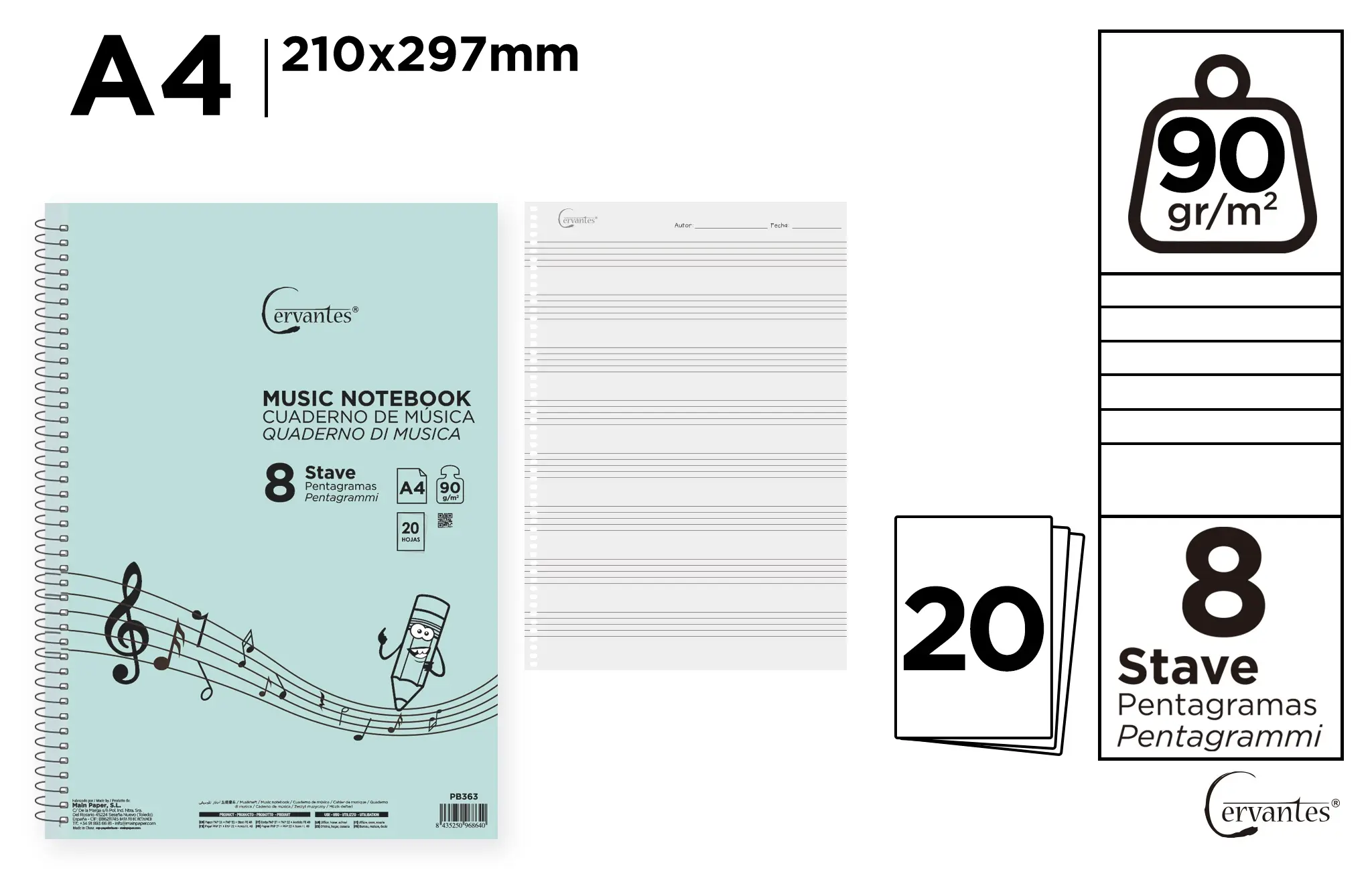 Zeszyt A4 Cervatnes do nut pięciolinia - Papiernicze i szkolne