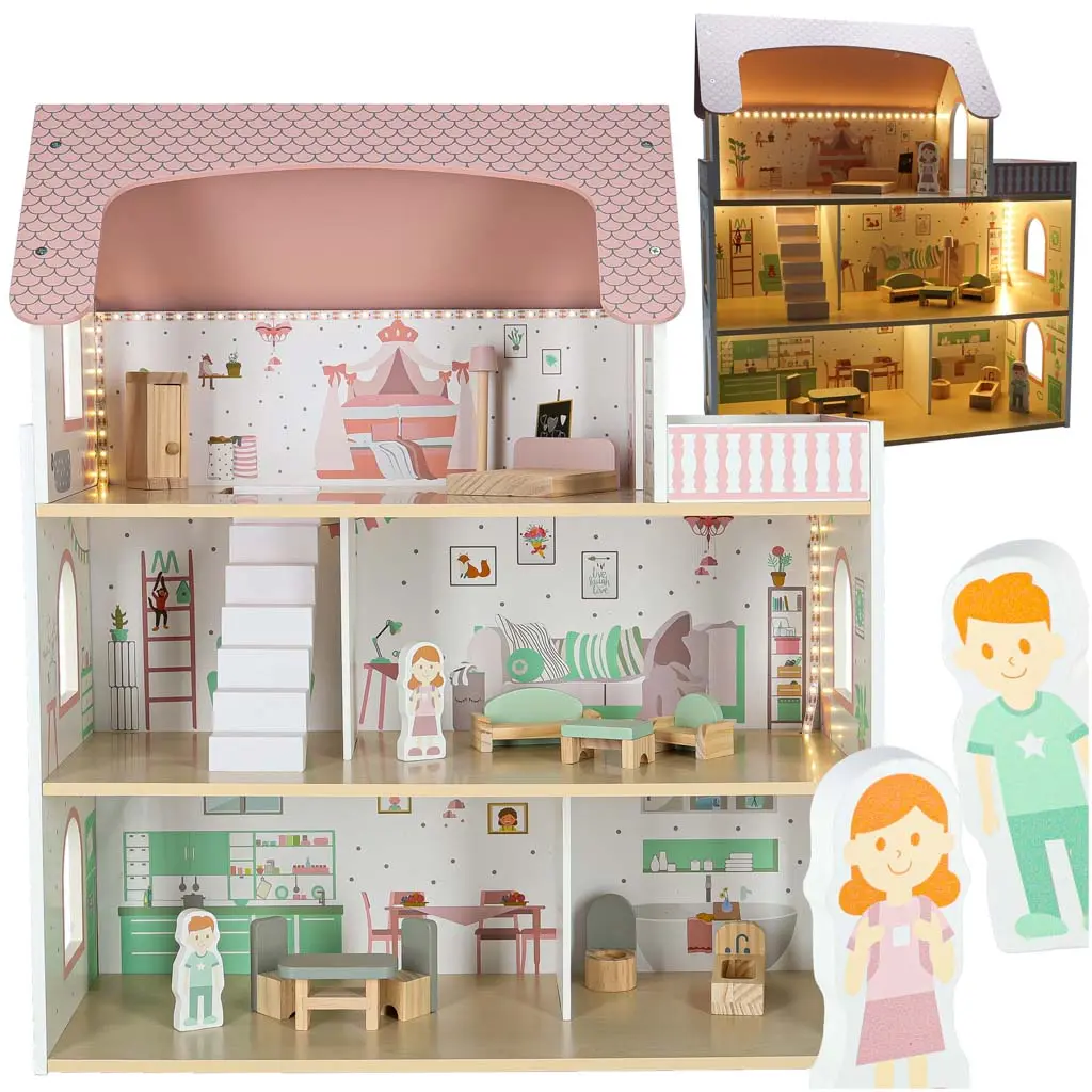 Domek dla lalek drewniany LULILO Peonio 70cm LED róż - Zabawki