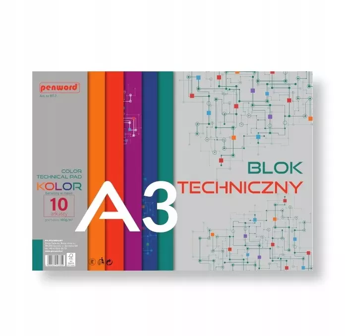 Blok techniczny A3 10 kartek kolorowych 180g/m2 BT-7 Penword - Papiernicze i szkolne