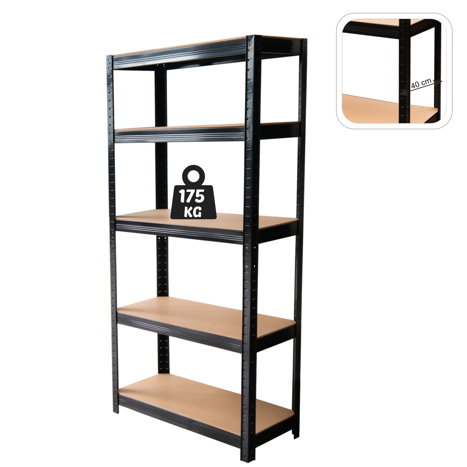 Regał 5-Poziomowy 180 x 90 x 40 cm Czarny Udźwig Półki: 175 Kg - Elektronika i akcesoria