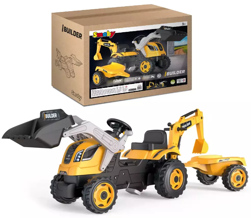 Traktor Builder Max z łyżką, koparką i przyczepą, żółty - Zabawki