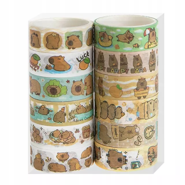 WASHI TAPE taśma papierowa dekoracyjna komplet KAPIBARA 12 sztuk - Papiernicze i szkolne