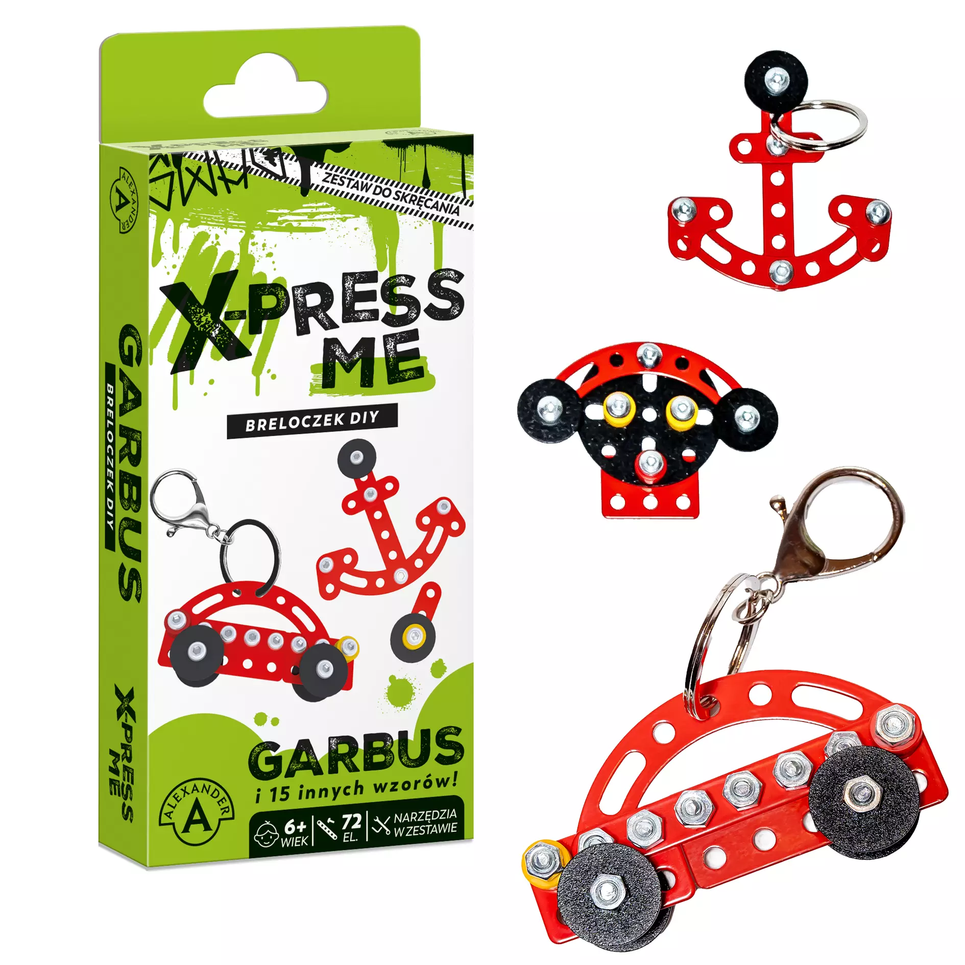 X-Press me. Breloczek DIY. Garbus + 15 innych wzorów (72 elementy) - Zabawki