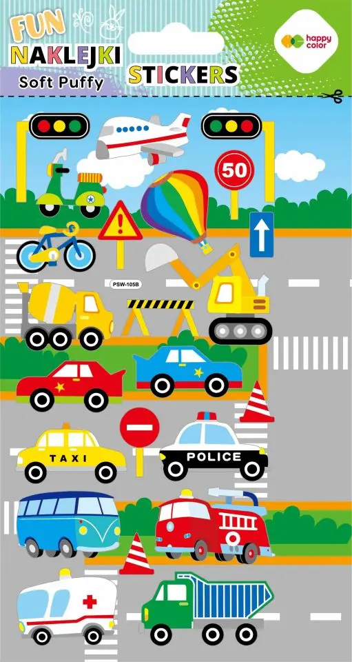 Naklejki dekoracyjne Soft Puffy FUN 3D Street Cars Pojazdy Happy Color - Papiernicze i szkolne