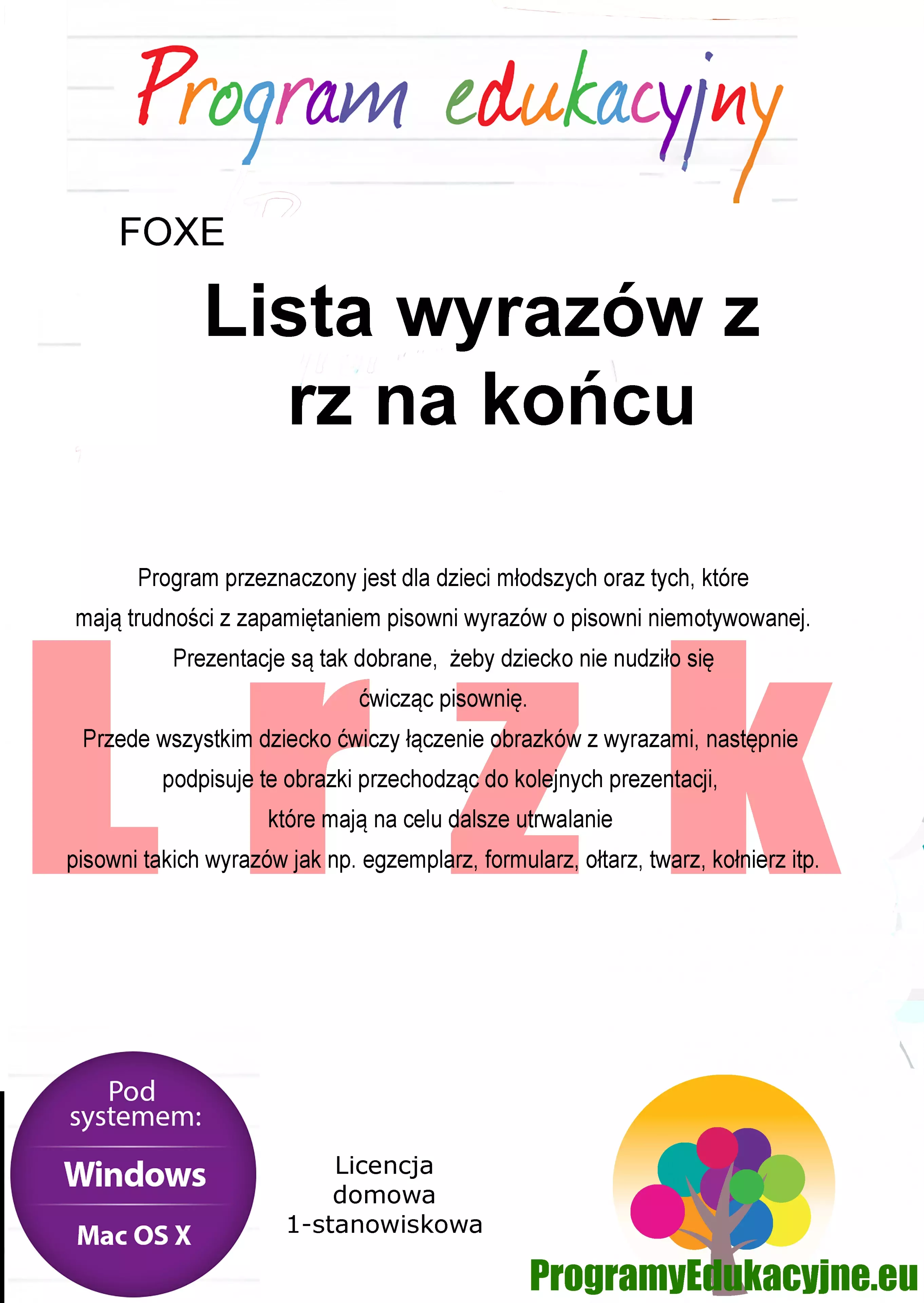 Program edukacyjny. Lista wyrazów z rz na końcu. Licencja domowa 1-stanowiskowa - Książki