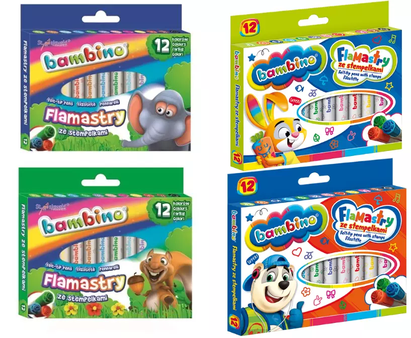 Flamastry Bambino ze stempelkami, 12 kolorów, mix wzorów - Papiernicze i szkolne