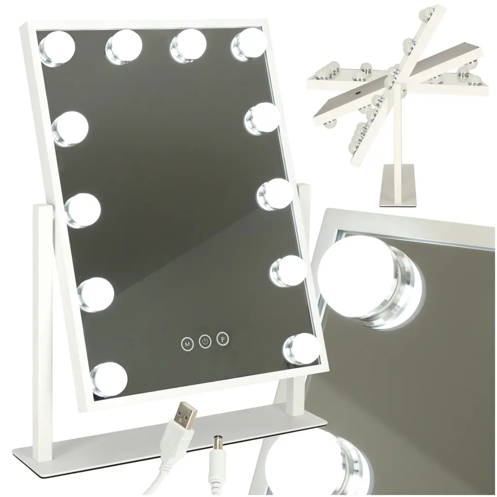 Lusterko do makijażu kosmetyczne podświetlane 12 LED Hollywood z 12 żarówkami USB 30 x 40 cm - Mama i dziecko