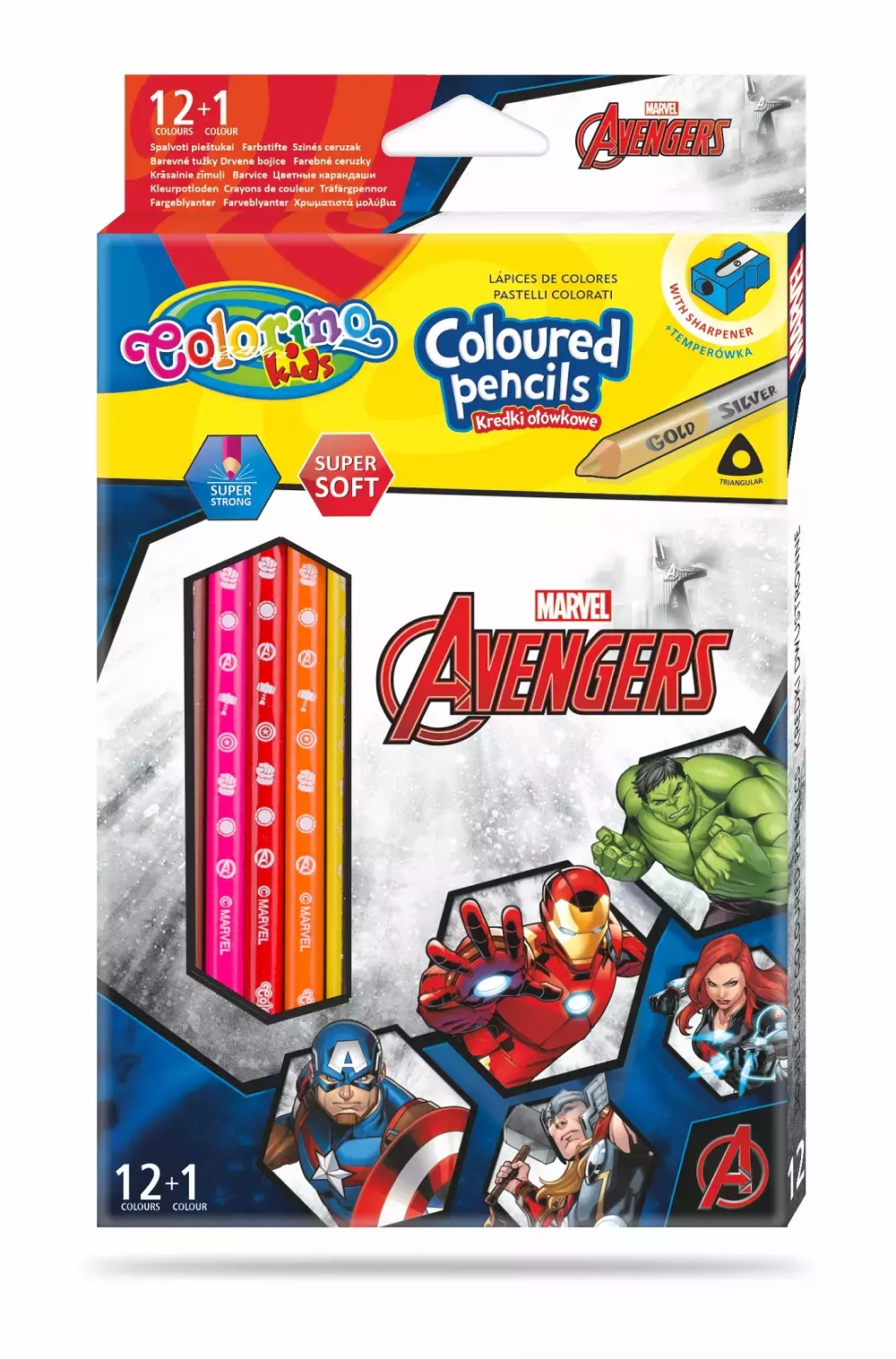 Kredki ołówkowe trójkątne Colorino Kids 13 kolorów 12 sztuk z temperówką Avengers - Papiernicze i szkolne